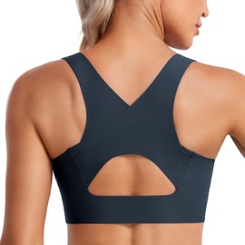 CRZ YOGA Womens Flex Sculpt Racerback Sports Bra - U Neck Medium Impact Padded Wireless Workout Gym Crop Top True Navy Large