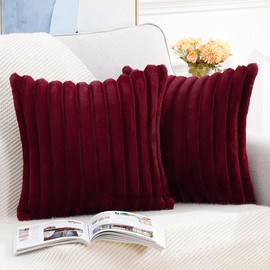 Madizz Set of 2 Faux Fur Plush Decorative Throw Pillow Covers 24x24 inch, 60x60 cm, Burgundy Fluffy Striped Soft Decorative Cushion Cover for Sofa Bedroom Pillow Shell