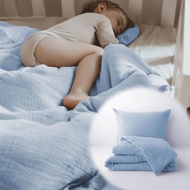 PaLulli® Muslin Bed Linen Set 155 x 220 cm Pillowcase 80 x 80 cm Children's Bed Linen Made of 100% Organic Cotton Oeko-Tex Certified Baby Bed Linen 155 x 220 cm + 80 x 80 cm (Blue)