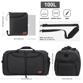 100L Trave Duffle Bag for Men, Foldable Large Duffle Bag for Travel with Shoe Compartment, Gym Overnight Weekender Bag for Men Women, Waterproof & Tear-Resistant, Black