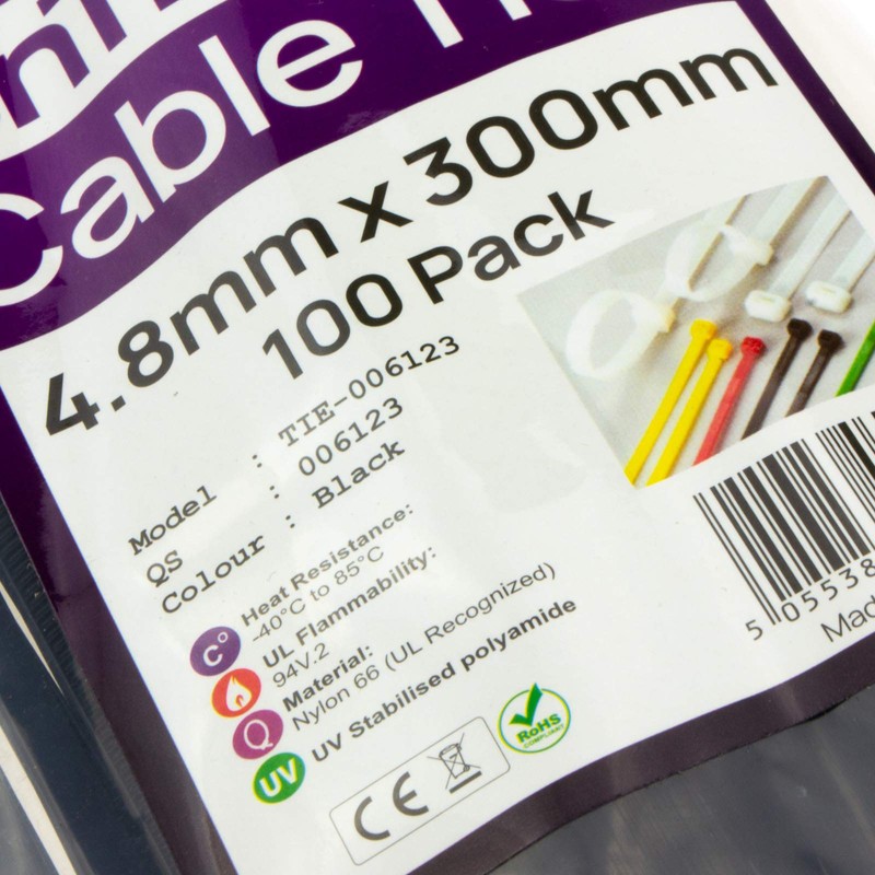 enTie Black Cable Ties 4.8mm x 300mm Nylon 66 UL