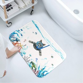 Fowocu Funny Cat Bathroom Rugs Mat Ocean Sea Animal Bath Rugs Water Absorbent Non Slip Shower Mat Soft Microfiber Cute Bath Mats for Bathroom Decor (Blue, 32''×20'')