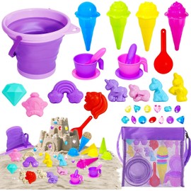 GW Box Purple Collapsible Beach Bucket Set,Collapsible Sand Bucket and Shovels Set,Shovel Tool Kits Storage Mesh Bag for Party Camping Gear Travelling Fishing Water Pail