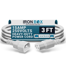 IronBox Electric C14 to C15 Power Cord - 15A/250V, 14/3 AWG SJT - Heavy Duty Cord - UL Listed IEC Power Cable Extension - Jumper Cords for Computer, Server, Desktop, Speaker & More (3ft, White)
