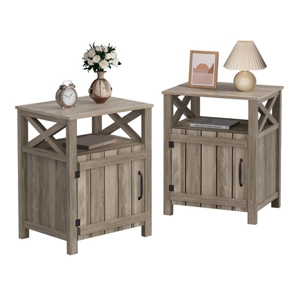 Farmhouse Nightstand Set of 2, Modern Bedside Table with Barn