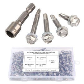 Self Tapping Screws for Metal #8 Screws Assortment Fasteners Kit, 120 Pcs, 410 Stainless Steel, Hex Washer Head, Hex Drive, Self Drilling, Assorted Screw Set