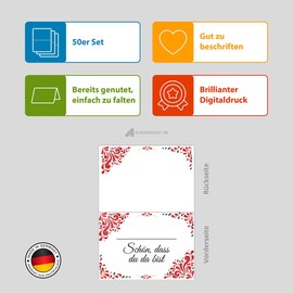 Partycards 50 Stück Tischkarten Hochzeit, Platzkarten für Kommunion Konfirmation, Namensschilder Geburtstag, Tischdeko Namenskarten Taufe, Tischdekoration, Namensschild, Tischkarten Geburtstag