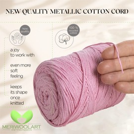 MeriWoolArt® Macrame Yarn 2 mm x 250 m Cotton Cord, Recycled Soft Cotton Yarn for Knitting Plant Hangers, Jewellery Making, Crochet Bags (Light Pink, 2 mm)