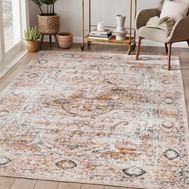 befbee 4x6 Rugs for Living Room Bedroom,Non-Slip Washable Rug,Stain Resistant Lightweight Area Rugs for Dining Room,Ultra-Thin Indoor Floor Carpet (Peach/Gold, 4'x6')