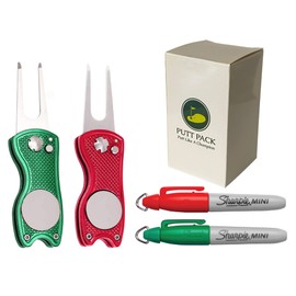 The PUTT PACK DOUBLE DIVOT PACK - Red & Green Golf Divot Tool with Magnetic Ball Marker, Switchblade Foldable Divot Repair Tools, Pitch Mark Repairer, Genuine Mini Sharpies, Golf Equipment Accessories