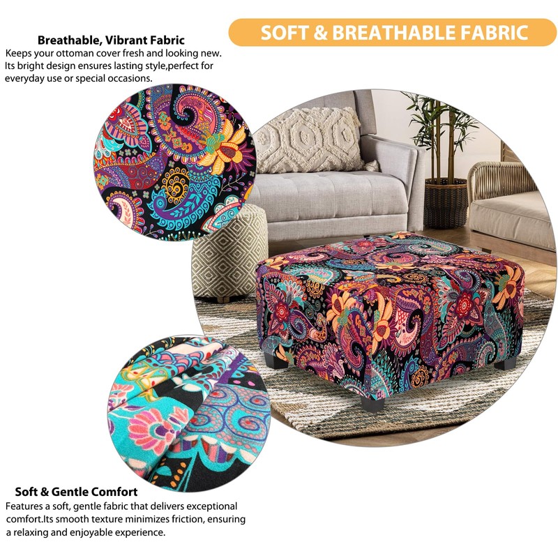 TOPHMDECOR Ottoman Cover Square Slipcovers Printed,Stretch Footrest Stool Cover for