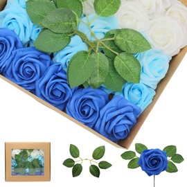 WANTMAZOR 100PCS Artificial Flowers Blue Roses Real Looking Foam Fake Roses with Leaves and for DIY Wedding Bouquets Bridal Shower Centerpieces Party Decorations (Blue Series)
