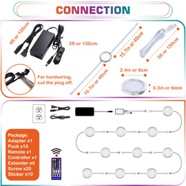 Lvyinyin RGBWW Under Counter Light, LED Pucks for Holiday Decor Lighting, Red Green Blue & Warm White Color Changing, Remote Dimmable, Linkable, 110V Direct Hard Wired & Plug-in, 10 Lights