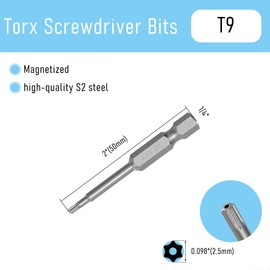 FOCMKEAS 5PCS T9 Magnetic Tamper Proof Torx Screwdriver Bits, 1/4 Inch Hex Shank 2 Inch Length S2 Steel Security Drill Torx Head Drill Screw Driver Tools(50mm Long, Star 6 Point)