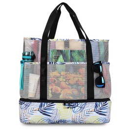 UYLIA Large Tote Mesh Beach Bag with Cooler for Women Men, Durable 8 Pockets Sandproof Waterproof Foldable for Pool Swimming and Travel Daily Use (Maple Leaves)