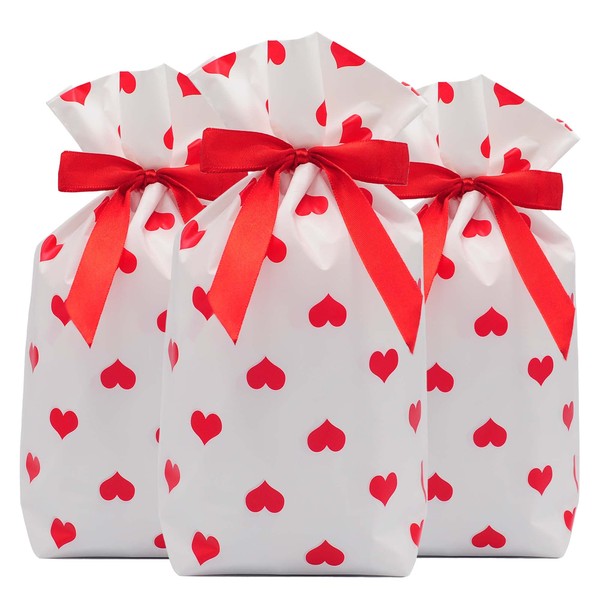 Valentines Day Red Cellophane Bags, 50 Packs Heart Theme Plastic Treat Bags Candy Cookies Goodies Snack Gift Bags for Wedding Christmas Party Wrap Supplies