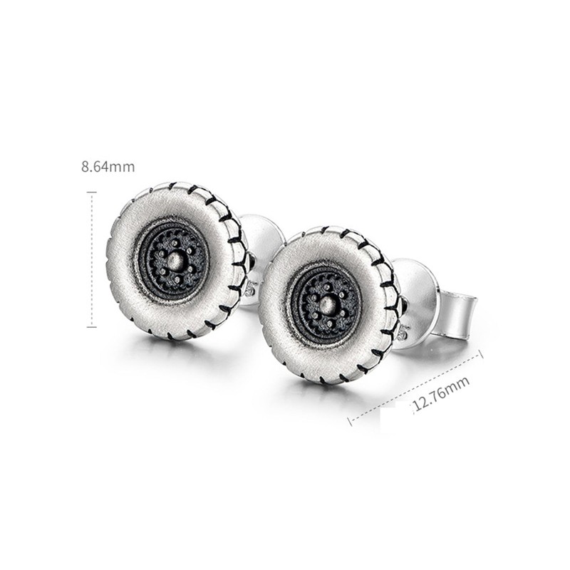Vintage Tire Tread Round Stud Earring for Men, Silver Tone,