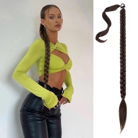 Extensión de cola de caballo trenzada, extensiones de trenza, extensión de cola de caballo trenzada larga para mujeres negras con lazo para el cabello, envoltura recta con extensión de cola de