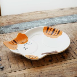 Cat Shaped Ceramic Plate – 6.8 x 5.1 inch Small Japanese Mino Ware Dish for Dessert, Snacks, or Appetizers (Tabby)