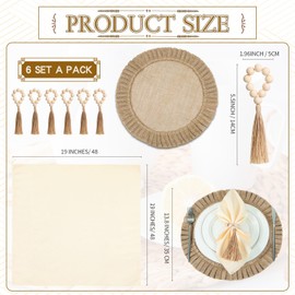 Gejoy 18 Pcs Round Burlap Placemats Wood Bead Napkin Rings with Dinner Napkins Cloth, Jute Placemats Heat Resistant Placemats Boho Wooden Rings for Plates Wedding Dining Table