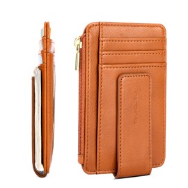 nuoku Men's Small Wallet with Magnetic Money Clip, Men's Slim Wallet with Coin Compartment & RFID Protection, Mini Card Holder with ID Window, brown