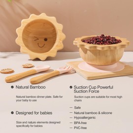 Bamboo Suction Plates Bowls Set for Baby Toddler Divided Platter Food bowl with Silicone Fork & Spoon All-Natural Baby Feeding Set for Baby-Led Weaning, Non-Slip Design