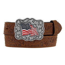 Justin 24" Ladies Floral Tooled Leather Ladies Belt American Pride Buckle Brown