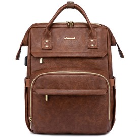 LOVEVOOK Leather Laptop Backpack for Women 18 inch,Travel Backpack Purse Nurse Teacher Backpack Computer Laptop Bag,Professional College Business Work Bags Carry On Backpack with USB Port,Red Brown