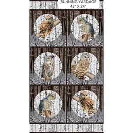 Northcott 24" X 44" Panel Owls Snowy Winter Woods Forests Trees Naturescapes Solitude Dark Brown Cotton Fabric Panel (DP27181-66)