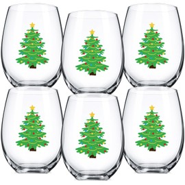Umigy 6 Pieces Christmas Stemless Wine Glass, 12 oz Winterberry Christmas Tree Wine Glass Funny Let It Snow Mug Cup, Merry Christmas Gifts for Winter Women Men Mom Dad Wife Husband(Fresh Style)
