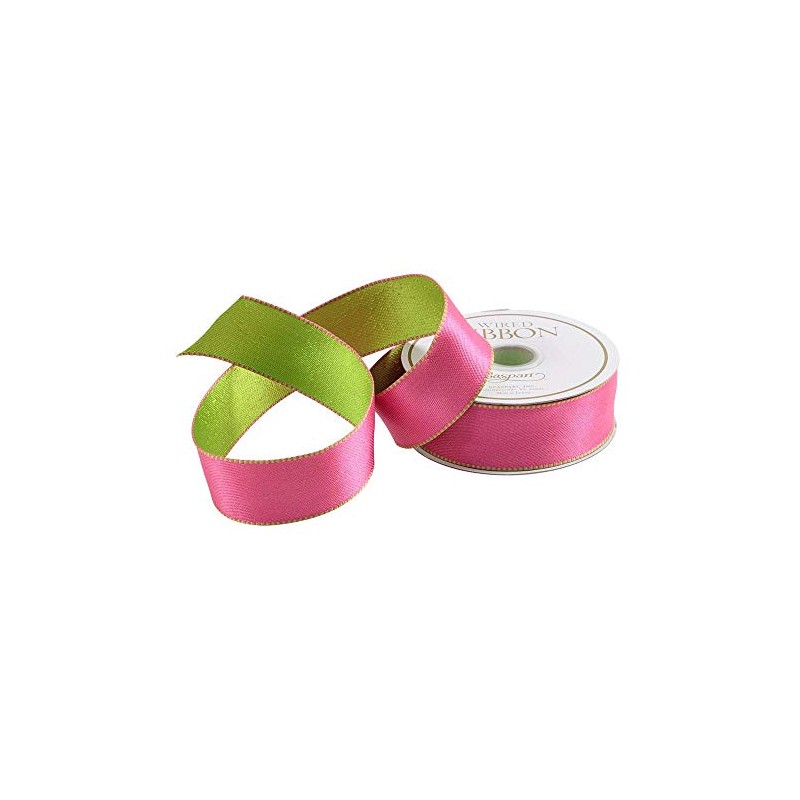 Caspari Pink & Green Reversible Satin Wired Ribbon - Three