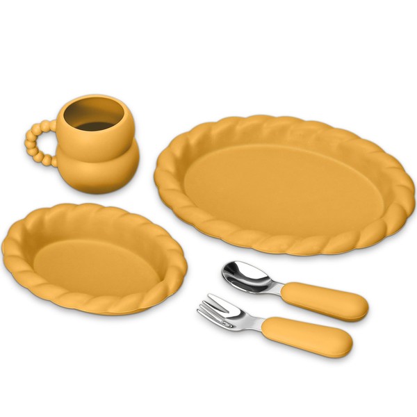TinyHalo 5pcs Toddler Feeding Set, Silicone Plates with Fork and