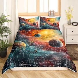 Feelyou Math Equation Bedding Set Twin Size Kids Galaxy Solar System Comforter Cover Set for Boys Girls Teens Mathematics Formula Biology Duvet Cover Geometry Science Bedspread Cover Room Decor