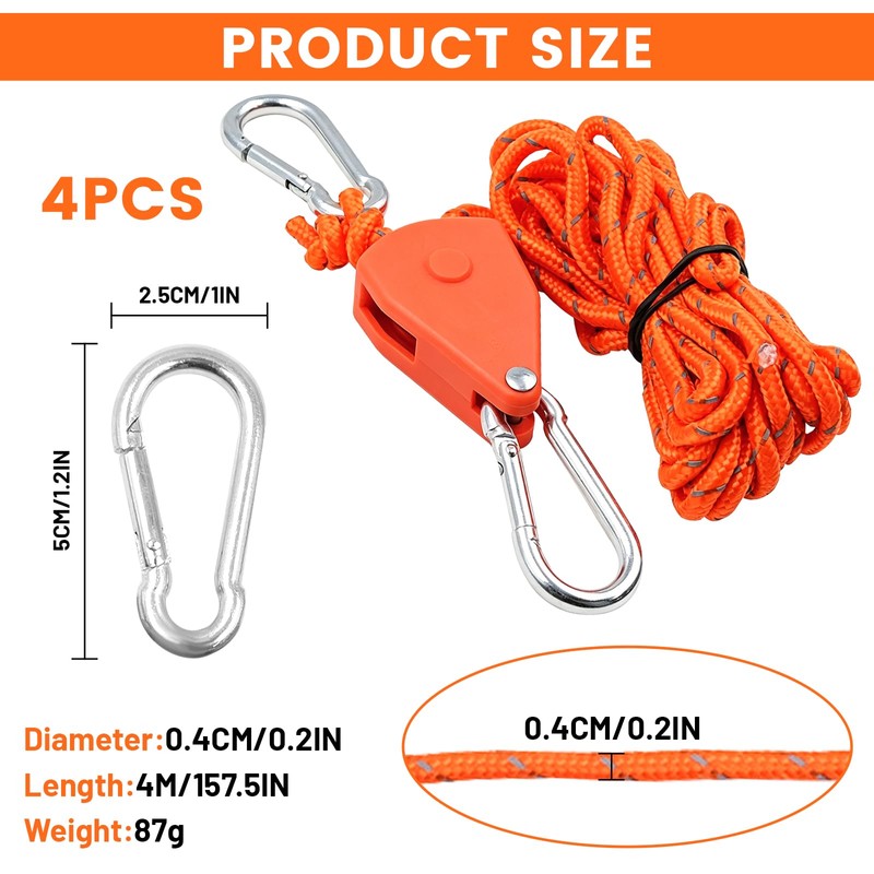 Mritrit 4 Tent Guy Ropes with Pulley, 4m Adjustable Ratchet
