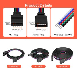 FCOB 5pcs/Pack 22AWG 5 Pin JST Male Female Plug LED Connector, 3.28ft(1m) Extension Cable for 5050 RGBW SMD/FCOB LED Strip Light Without Soldering Controller Wire