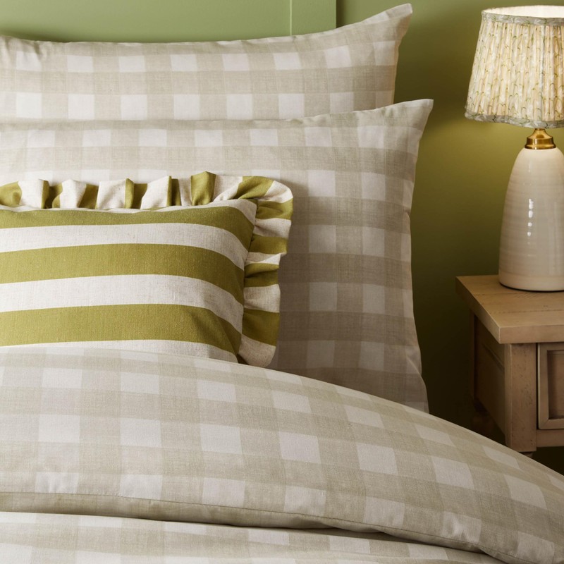 furn. Linen Stripe Ruffle Cushion Cover - Linen/Olive - 50x50cm