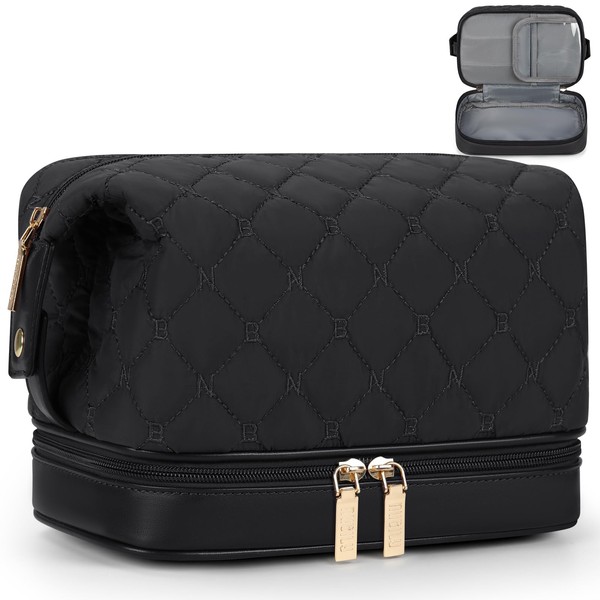 NUBILY Cosmetic Bag Make Up Bag Double Layer Toiletry Bag Women's Toiletry Bag Large Waterproof Makeup Bag Travel Cosmetic Bag, black, Toiletry bag