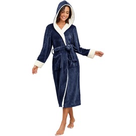 RONGTAI Women's Fleece Hooded Bathrobe Soft Plush Long Spa Robe Lightweight Fluffy Cozy Shower Bathrobe (XL, Navy)