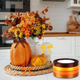 DECYOOL Fall Ribbons, 4 Rolls 100 Yards Fall Satin Ribbons 10mm Wide Autumn Thanksgiving Ribbon for Gift Wrapping and DIY Crafts (Orange, Yellow, Brown)