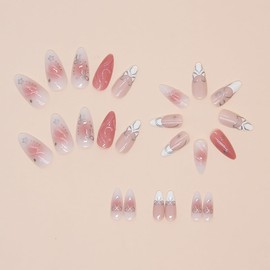 24Pcs Pink Press on Nails Medium Almond Nails French Tip Fake Nails with Designs Reusable Cute Bow False Nails Pink Gradient Glue on Nails Silver Star Acrylic Nails Full Cover Nail Tips for Women
