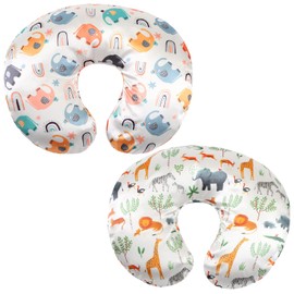 Satin Nursing Pillow Cover Set 2 Pack Ultra Soft Silk Compatible with Boppy Pillow for Breastfeeding Pillow Protect for Baby Hair and Skin Elephant & Rhino Lion