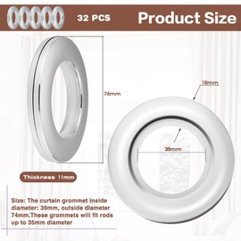 Kinsinder Pack of 32 Curtain Eyelet Rings, Eyelets for Curtains, Silver Curtain Rings, 40 mm Inner Diameter Curtains Eyelets for Window Curtain, Shower Curtain, Home Accessories Decoration (Light