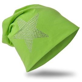 Unisex Children’s Jersey Slouch, Beanie, Long Beanie with Rhinestone Star, Cotton, Trendy, Unisex - Green, size: 48-53