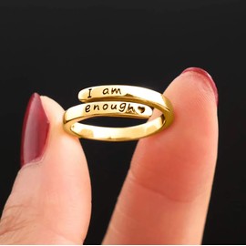 LOVPEPY I am Enough Rings for Women, 925 Sterling Silver Inspirational Mantra Statement Open Ring for Men 14k Gold Plated Faith Over Fear Wrap Encouragement Adjustable Ring to Daughter (Gold)