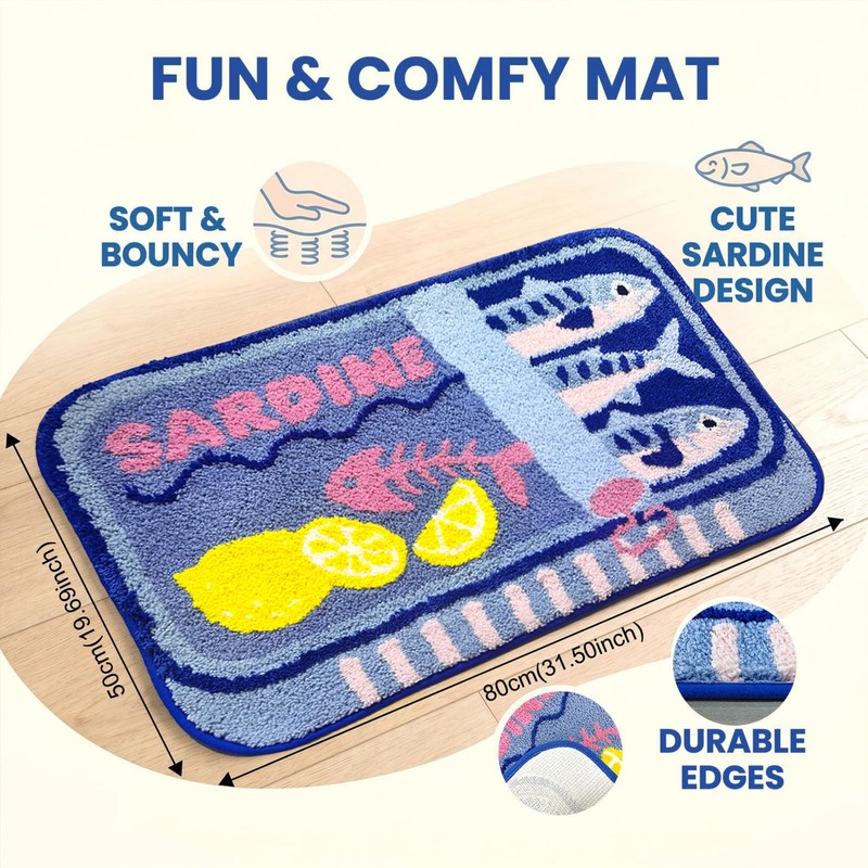 Mocsicka Sardine Bath Mat – Cute Funny Non-Slip Waterproof Blue