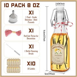 10 Pack Swing Top Glass Vanilla Extract Bottles 8 oz with Lids, Vanilla Labels & Funnel, Boston Round Bottles for Homemade Syrup, DIY Gifts, Flip Top Jars for Extract