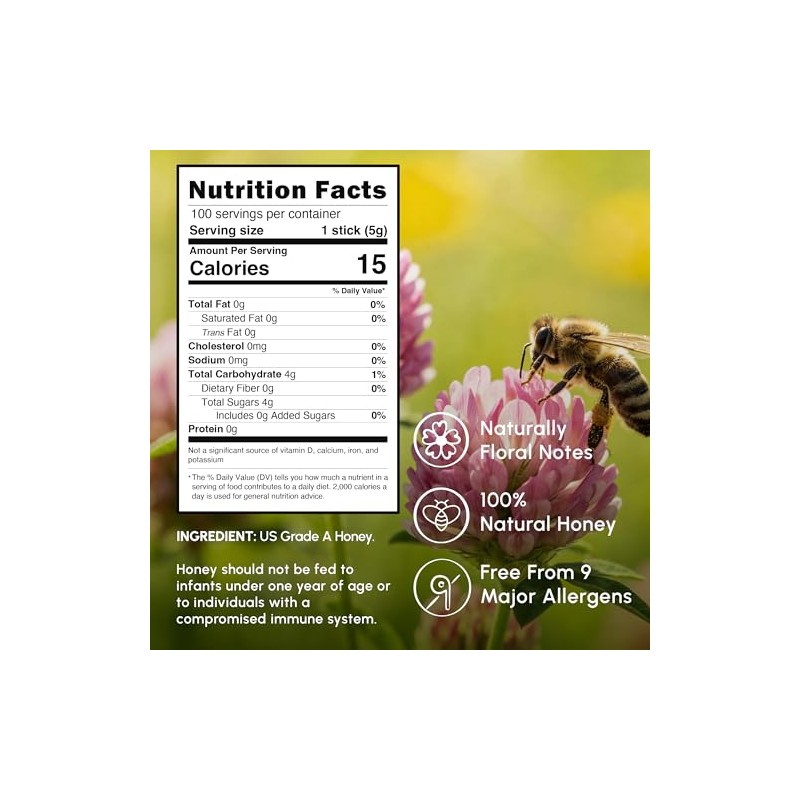Snackathon Honey Sticks, Clover Blossom Pure Honey, 100 Count Bulk,