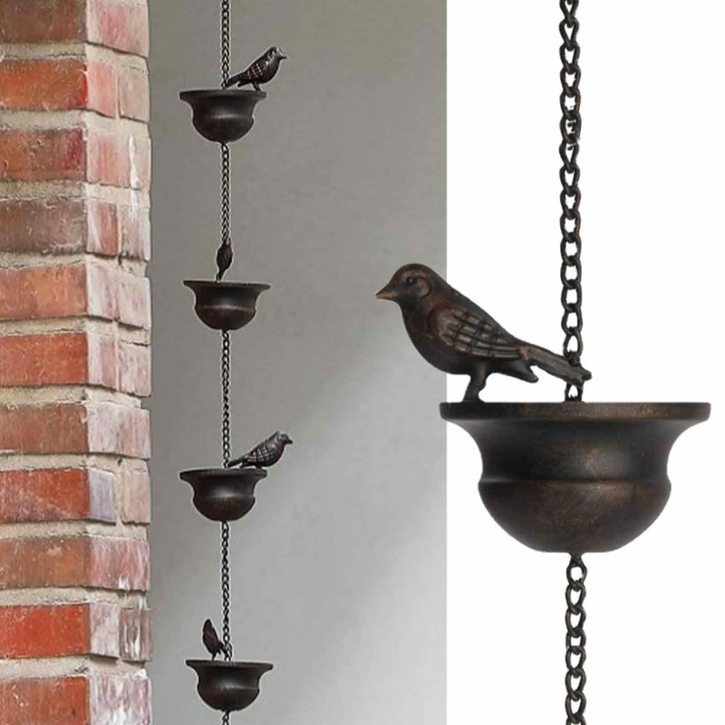 Gutter Rain Chain, Outdoor Rain Chain, Bird on Cup Gutter