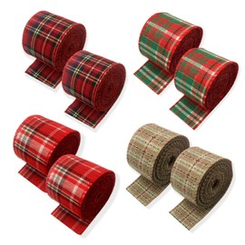 OQOQ Christmas Ribbon 8 Rolls, 4cm x 6.6yd Classic Plaid Burlap Ribbon Red Craft Ribbon for DIY Gift Wrapping Tree Decor Christmas Bows Wreath Making Supplies Christmas Decorations Accessories