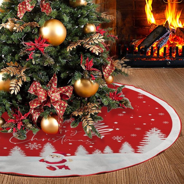 Christmas Tree Skirt, Red Xmas Tree Ornaments Linen Christmas Tree